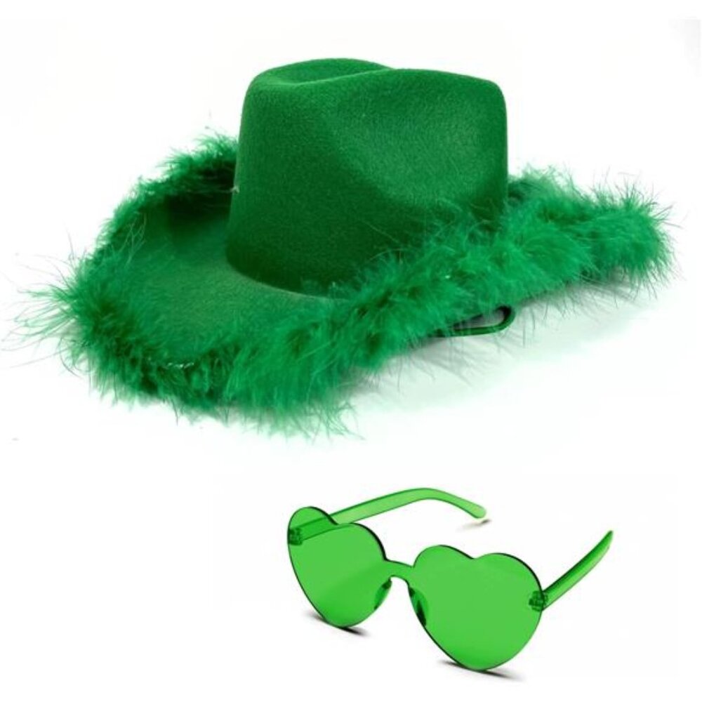 Novelty Cowboy Hat with feathers With Heart Shaped Sunglasses for Women, Cowgirl